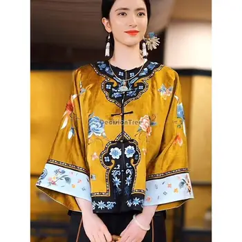 2023, Tradicionalna orijentalna ženska vintage bluza u kineskom stilu, elegantne večernje košulje s cvjetnim uzorkom, veliki rukav, starinski žuti top-ципао, vestido