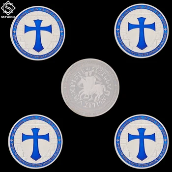 5 kom./lot, plavi žeton križari-templari, srebrni metalni novčić, suvenir novčić, kolekcionarskih predmeta