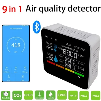 9 u 1 BT Monitor kvalitete zraka CO2 Metar Detektor Ugljičnog dioksida Vrijeme/Datum TVOC HCHO PM2.5 PM1.0 PM10 Tester Temperature I Vlage