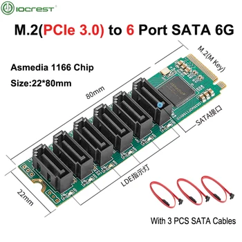 Adapter SSD-pogon IOCREST M. 2 (PCIe 3.0) za 6 SATA portova III 6G s 3 Kabelima SATAIII PCIe Gen3x2 Bez RAID-čip Asmedia 1166