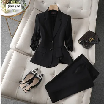 Asimetričan dizajn kostima, ženski profesionalni proljeće novi modni temperament, tanak sportska jakna i hlače, ured za ženska radna odjeća crne boje