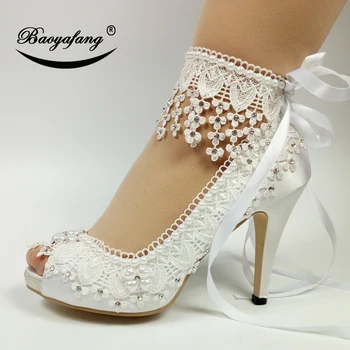 BaoYaFang/Novost 2019 godine; Moderna ženska obuća čipka-up; Svadbene cipele djeveruše s bijelim cvijetom; Visoke cipele s remenom na щиколотке; slatka cipele za stranke