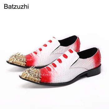 Batzuzhi/ Muške cipele u talijanskom stilu; Zlatni Kožne Modeliranje cipele Sa čeličnim vrhom; Muške Bijele, Crvene cipele čipka-up za zabave i vjenčanja; EU38-46