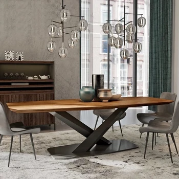 Blagovaona stol u skandinavskom stilu, u kombinaciji pravokutnik, masivnog drveta, kreativni dizajner, crna ugljični čelik, moderan minimalistički kuhinjski stol