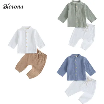 Blotona/ Jesen odjeća za male dječake, Običan Majice s dugim rukavima na Zakopčane, Majice i Duge Hlače s fleksibilnim gumicom u struku, Komplet odjeće iz 2 predmeta od 6 do 4 godine