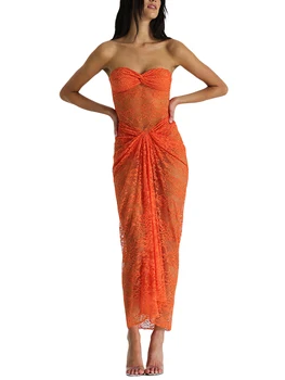 CHQCDarlys Donje transparentno сетчатое haljinu cijevi s otvorenim ramenima, bez naramenica, s otvorenim leđima, s кружевным cvjetnim uzorkom sprijeda, пляжное haljina-kućište midi