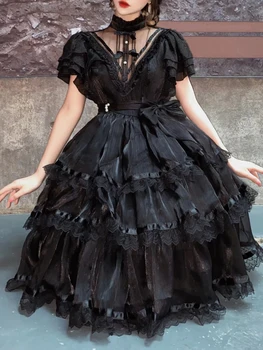 Crno anđeosko slatka haljina u stilu Лолиты, tamno готическое haljina za djevojčice, vjenčanicu s cvjetnim uzorkom, svakodnevno, kratki rukav, Raskošnom smještaj za čaj