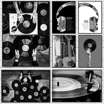 Crno-bijela vintage glazbena vinil ploča plakat Zid umjetnost Slušalice Lyrics Gitara Platnu slikarstvo Grafika Glazbeni studio Dekor Slika