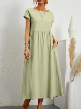 Elegantne ženske ravnici haljine, ljetne dnevne pamuk сарафан s okruglog izreza i kratkih rukava, винтажное duga haljina sa slobodnim džepovima Y2K, Vestidos Robe