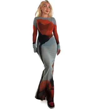Europski i američki stil 2023, ljetno novo donje haljina s okruglog izreza i po cijeloj površini, modni seksi сетчатое duga haljina s prorezom u vožnji