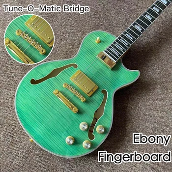 F jazz električna gitara s šuplje kućištem Tune-o-Matic bridge zelene boje s тигровым plamen na vrhu