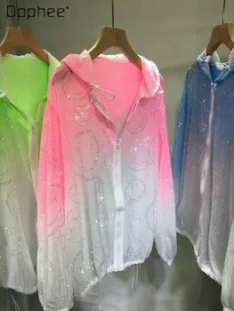 Gornja košulja s dugim rukavima od svijetle rhinestones, ženska gornja odjeća 2023, godina gradient tie-dye, slobodan slatka kardigan srednje dužine