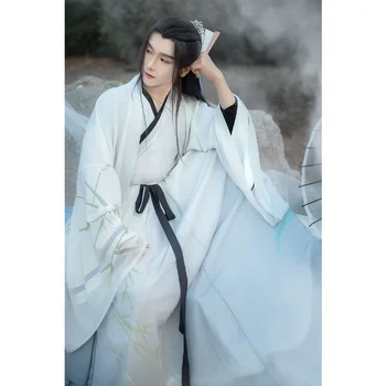 Istočni elegantan bijeli kostim Hanfu s cross-over ovratnik i бамбуковым po cijeloj površini, s velikim rukava, 3 kom., muška odjeća, kineski tradicionalni kostim za косплея
