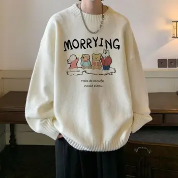 Japanski Muški Zimski Džemper u stilu Харадзюку s Cartoonish po cijeloj površini Y2k, Obložen Pulover Оверсайз, Ženski Pletene Džemper za Muške Odjeće