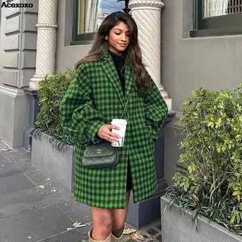 Jesensko-zimsko novo donje modni svakodnevno kratki kaput u zelenu kavez od vune u retro stilu