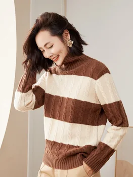 Jesensko-zimskom ženski prugasti pulover s visokim воротом, džemper od 100% merino vune, kašmir dres s cvjetnim uzorkom, ženska odjeća, moda