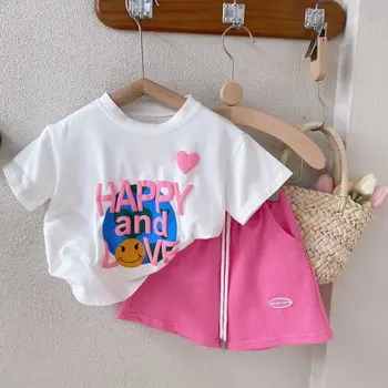 Kit dječje odjeće, Ljetna Nova Casual majica okruglog izreza i ispis slova za djevojčice, Kratke hlacice, Komplet od dva predmeta
