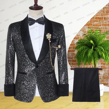 Klasične crne приталенные muška odijela s cvjetnim uzorkom, šivani po mjeri, 2023, vjenčanje odijela za mladoženju, tuxedos, 2 komada, odijela za mladoženju, kuma