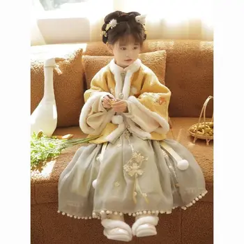 Komplet zimske zeca Hanfu za djevojčice, jakna princeza s vezom, haljina dinastije Ming, dječja odijela doba Tang, haljina božićno odijevanje