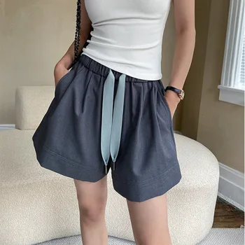 Ljetne kratke hlače s visokim strukom i širokim штанинами na завязках, svakodnevne ženske slobodne pamučne kratke hlače trapez oblika