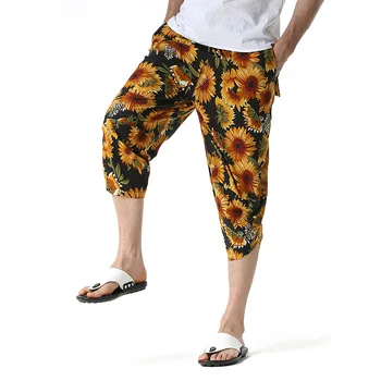 Ljetni ošišan hlače u stilu hip-hop iz lana s po cijeloj površini suncokreta, svakodnevne muške hlače za odmor na more, moderan slobodan jahaće hlače Hombre
