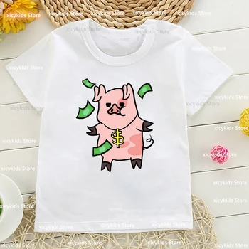 Majica za djevojčice Kawaii slatka ružičastim uzorkom svinje za malu djecu, funky casual odjeća za dječake i djevojčice, bijela majica s okruglim ovratnikom, vrhovima