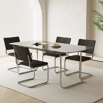 Moderan minimalistički stolom i stolicama, pravokutni radna ploča od kaljenog stakla iz crne nehrđajućeg čelika, kuhinjski stolovi sa zaobljenim uglovima