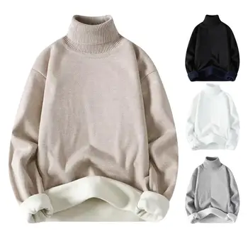 Muški zimski džemper, obložen pletene однотонный pulover s visokim ovratnikom, zaštita za vrat, izdržljiv mraz-elastični mekani plišani pulover, S jesenskim