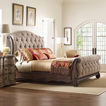 Privatna rezbarena krevet od punog drveta u američkom stilu, bračni krevet 1,8 m, tkanina za glavne spavaće sobe, spavaća soba u stilu retro, vintage europska rezbarena ležaj