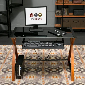 Računalni stol od stakla i drveta s ladica za ulaz papira za tipkovnicu, računalni stol