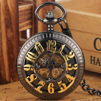 Retro black gospodo mehanički džepni sat s автоподзаводом, šuplje zlatne arapski brojevi, dizajn antičkim viseće sati, džep za lanac