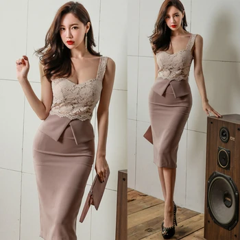 Seksi čipkan haljinu na подтяжках, ženske proljeće-ljetne haljine 2023, korejski stil, приталенная olovka suknje s prorezom na bedrima, сращенная nevidljiva munja