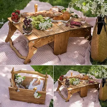 Sklopivi stol za piknik 2в1, bogata košarica za pohranu na drvenoj površini, radiouredaj košarica za grickalice i vina na otvorenom za odbojku na kampiranje