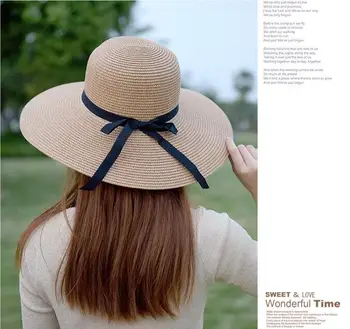 Slamnati šešir od sunca sa širokim poljima i lukom, slamnati šešir od sunca za žene i djevojčice, ljetna UV-zaštita, fleksibilan preklopni plaža šešir, panama za putovanja na otvorenom, kapu