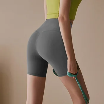 Sportske ženske kratke hlače za joge s kravatom boje za kosu i visoka struka, prozračna oblikovana sportske hlače, seksi trening kratke hlače za zatezanje stražnjice boje breskve