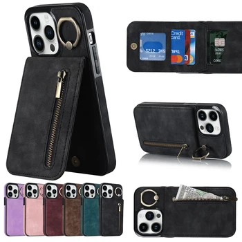 Starinski kožna torbica-novčanik s džep za kartice zatvarač za iPhone 14 Pro Max 13 12 11 XS XR X 7 8 Plus, navlake za telefone sa kružnom postoljem