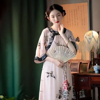 Starinski ženski Чонсам s семиточечным rukava i niska reza, rose elegantan tradicionalne haljinu u retro stilu Чонсам, jesen