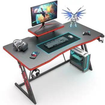 Stol Vineego 47 inča, računalni stol s postoljem za monitor i подстаканником, crna