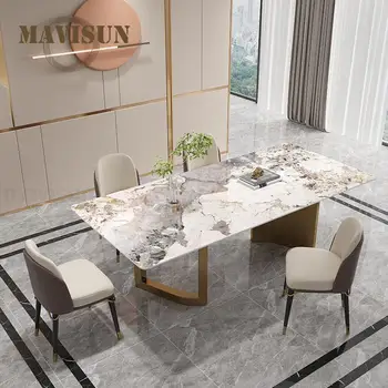 Talijanski kameni stol, okvir od nehrđajućeg čelika, u punoj veličini pravokutnika sa zlatnom dekoracijom, raskošan stol, namještaj salona za uljepšavanje Mesa
