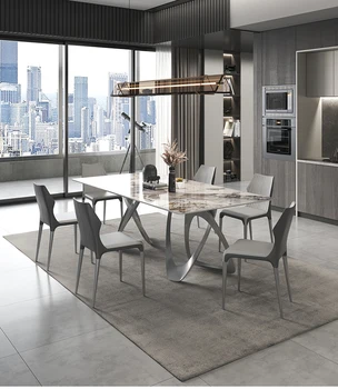 Talijanski pravokutni stol za obitelj, za 6 osoba, namještaj za kuću, mramor, nežne teksture, minimalistički siva dizajn kuhinjski stol