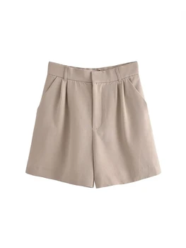 TRAF Ženske modne lanene hlače-bermuda s bočnim džepovima, berba ženske svakodnevne kratke hlače na munje s visokim strukom, frazu Mujer
