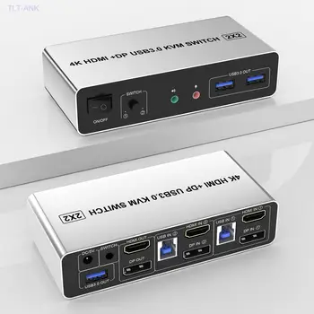 USB 3.0 priključak DisplayPort + HDMI KVM-switch sa dva monitora 2 Porta 4K @ 60Hz 2 ulaza 2 Izlaza KVM preklopnik za 2 računala za zajedničko korištenje za 2 Мониторам