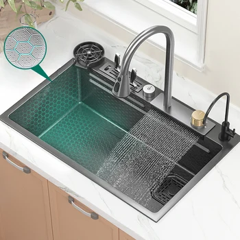 Veliki umivaonik s alatom u obliku saća, sudoper s vodopadom od nehrđajućeg čelika, kućanski pribor