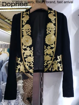 Vezeni cvijeće teške industrije u retro stilu, crno baršunasto malo костюмное kaput, ženski kratkom blazer high-end, jakna 2023, jesenski nova odjeća