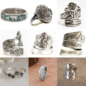 Vintage prsten antičkog boja za žene, antičku srebro, likovne večeri prsten na prst sa ugraviranim cvjetnim uzorkom, moderan nakit