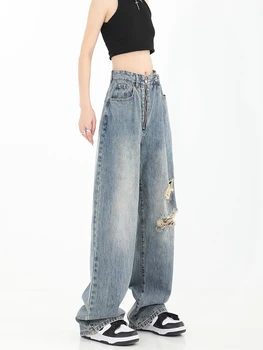 Vintage ulični ženske traperice Y2K s visokim strukom, poderane traperice, hlače, ženske 2023, novi dizajn, slobodan široke hlače