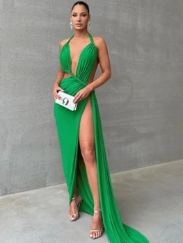 Zelene seksi maxi-haljinu s otvorenim leđima za žene 2023, ljetno maksi dugu haljinu s dubokim V-neck rezom, elegantna večernja haljina za zurke, Vestidos
