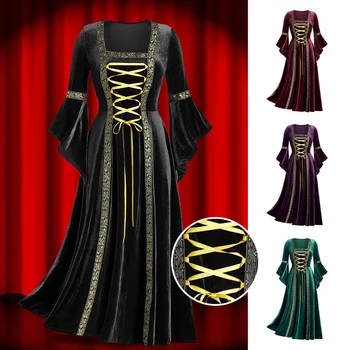 Zeleno/crveno/ crno baršunasto srednjovjekovne haljini dugih rukava, korzet čipka-up, luksuzno victorian haljinu u retro stilu, kostim za zabavu u čast noći vještica, ogrtači za kupanje vještice