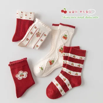 Čarape za djevojčice od 1 do 12 godina, dječje čarape dužine do telad, tople Božićne crvene čarape za malu djecu, jesensko-zimske pamučne čarape