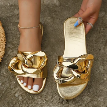 Ženske papuče ravnim cipelama s lancem, japanke, sandale, ljeto 2023, nove trendy ljeto japanke, ženske svakodnevne ulične plaža papuče, veličina 42